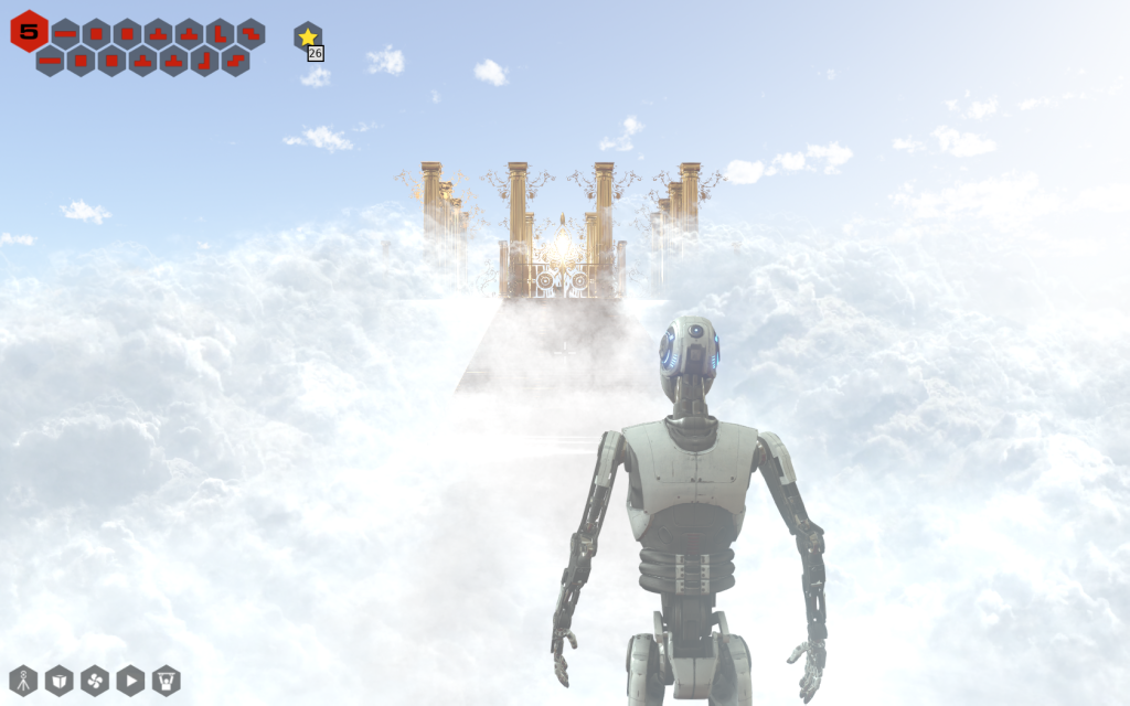 Abbildung 7: „Himmelspforte“. Unterschrift: Die drei möglichen Enden des Spiels sind als in den Wolken schwebende Himmelspforte inszeniert. (eigener Screenshot)