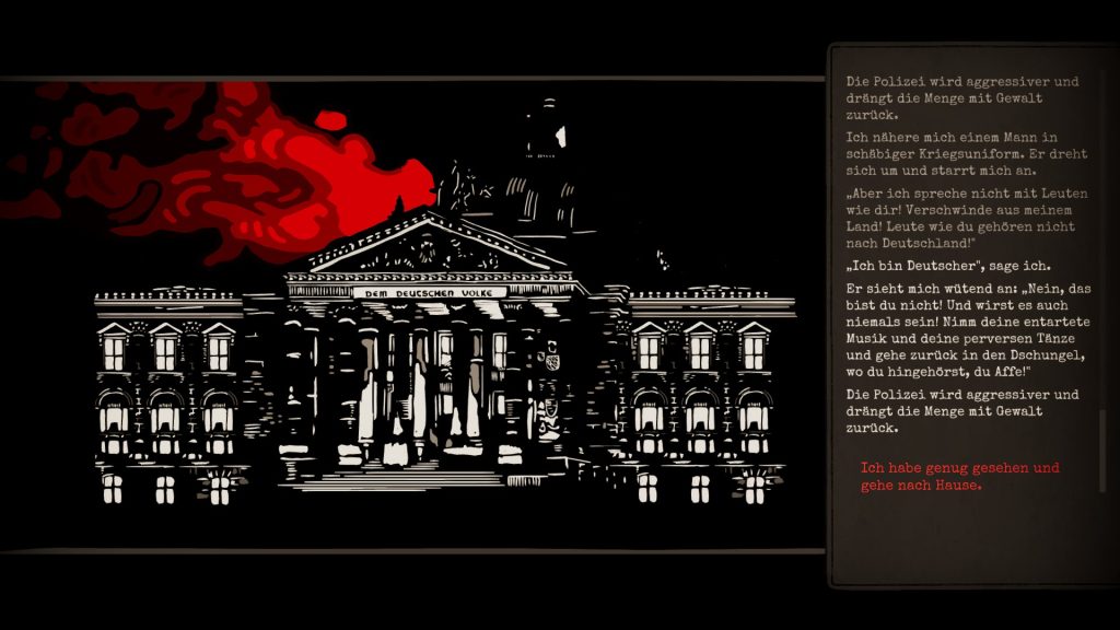 Abb. 5: Bruno Siewert erlebt Rassismus vor dem brennenden Reichstagsgebäude (Screenshot aus Through the Darkest of Times (2020)
